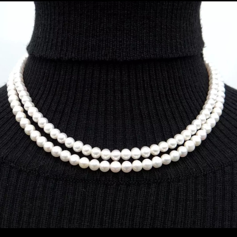 Elegant Double Strand Genuine Freshwater Pearl 5.6-6.1mm silver 42 Necklace